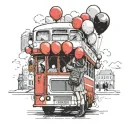 London bus door opening and balloons fly out. A girl is waiting at the bus stop reaching out for the balloons tattoo design idea