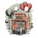 London bus door opening and balloons fly out. A girl is waiting at the bus stop reaching out for the balloons tattoo design idea