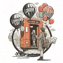 London bus door opening and balloons fly out. A girl is waiting at the bus stop reaching out for the balloons tattoo design idea