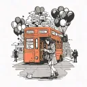 London bus door opening and balloons fly out. A girl is waiting at the bus stop reaching out for the balloons tattoo design idea