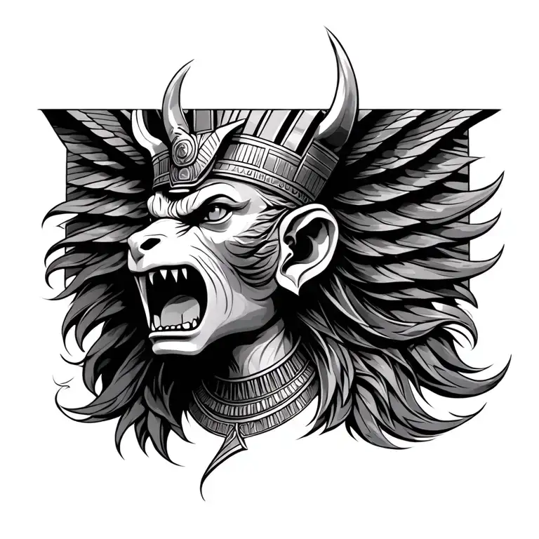 egyptian goddess ammit mouth open angry like she's protecting something. her full main of hair flowing on a light breeze tattoo design idea