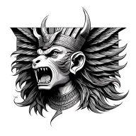 egyptian goddess ammit mouth open angry like she's protecting something. her full main of hair flowing on a light breeze tattoo design idea