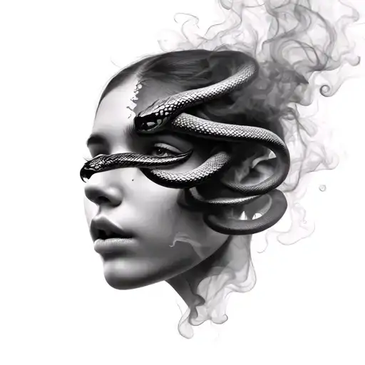 girl face split with smoke effect and snake wrapped tattoo design idea