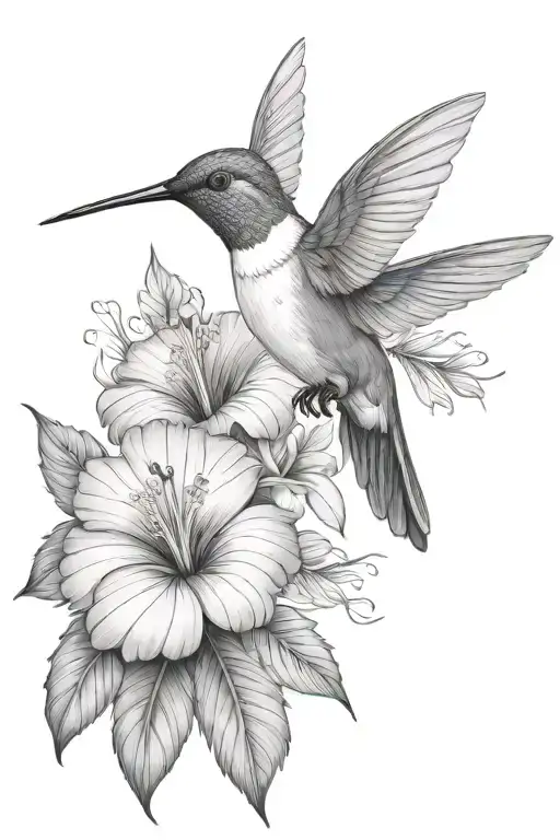 hummingbird with hibiscus and tropical leaves tattoo design idea