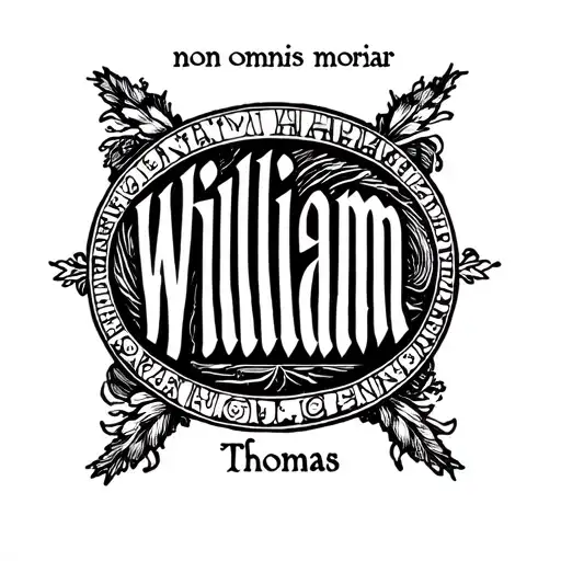 the names "William" stacked above the name "Thomas" with the words "non omnis moriar" encircling the two names. tattoo design idea