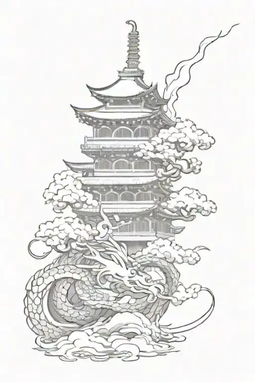 a tattoo sleve style japanese. It sould include a dragon, clouds or sea,and a small old japanese temple tattoo design idea