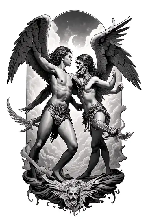 heaven vs hell theme with angels and demons fighting tattoo design idea