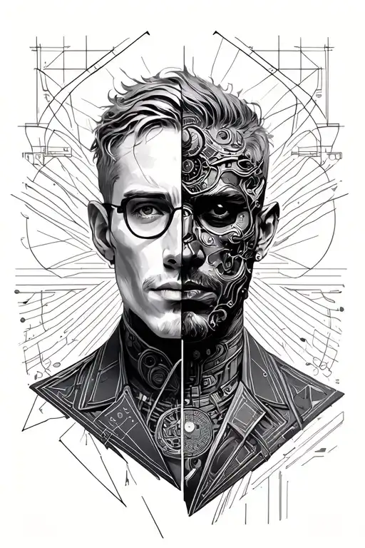 gemini two face guy cybord with engineering background shoulder tattoo design idea