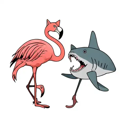 Cat #1 playing with a flamingo, cat #2 playing with a shark. Simplistic sketch.  tattoo design idea