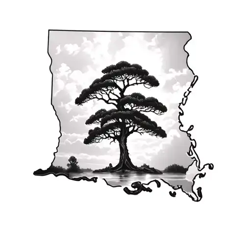 cypress tree inside of an outline of the state of Louisiana  tattoo design idea