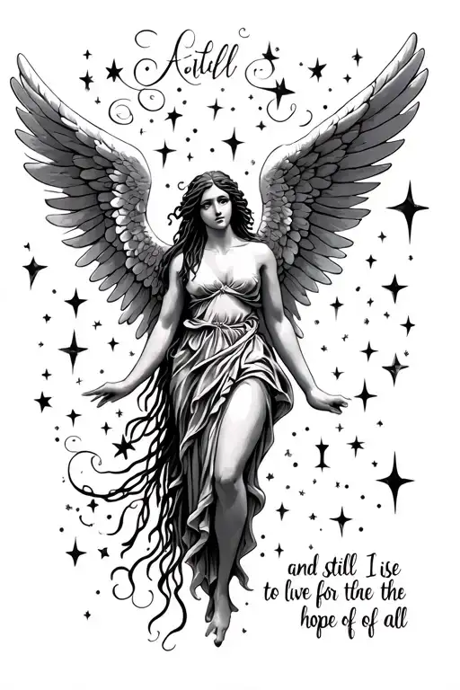 Angel  with stars and dreads with the quote "and still i rise to live for the hope of it all" tattoo design idea
