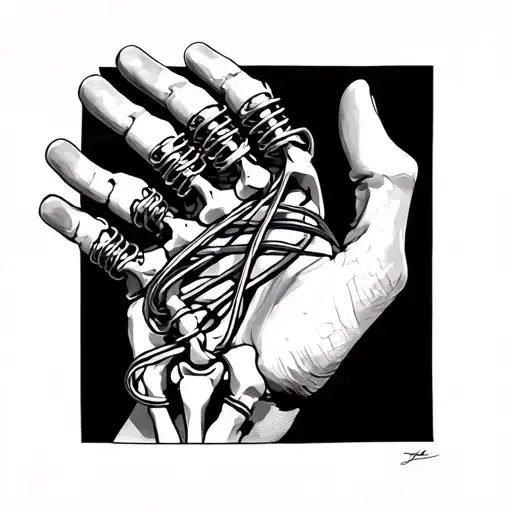 the inside of a hand with rubber bands and metal springs in the place of bones and ligaments tattoo design idea