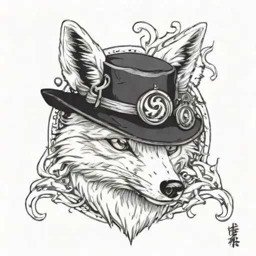 Fantsy white fox in any godless and magick hat, with halloween pumpkins and candles tattoo design idea