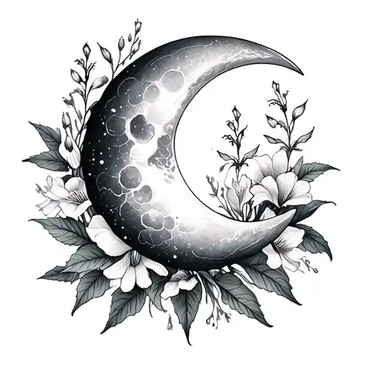 fine line crescent moon with honeysuckle and larkspur tattoo design idea