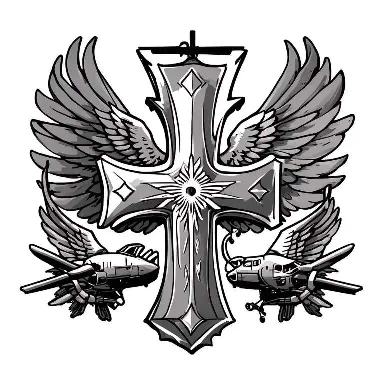 Cross mixed with Blackhawk helicopter tattoo design idea
