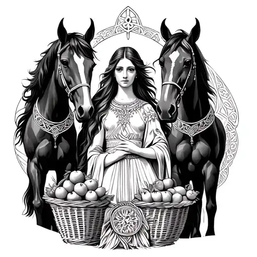 Celtic Goddess, Epona. surrounded by Horses and with a basket of fruit tattoo design idea