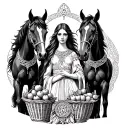 Celtic Goddess, Epona. surrounded by Horses and with a basket of fruit tattoo design idea