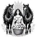 Celtic Goddess, Epona. surrounded by Horses and with a basket of fruit tattoo design idea