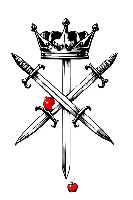 a crown above two crossed swords. next to one sword is a rotten apple.  next to the other sword is a partial skull tattoo design idea