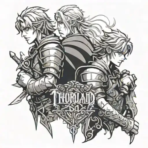 I need a tattoo from Vinlad saga, I want the name Thorfinn written vertically with one of his anger eyes on the left of  tattoo design idea