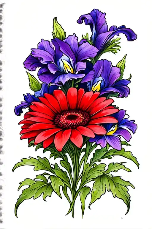 red gerbera daisy side by side intertwined with purple iris, stems swirl down tattoo design idea