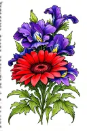 red gerbera daisy side by side intertwined with purple iris, stems swirl down tattoo design idea