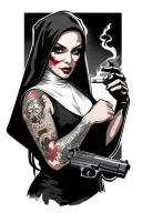 an attractive gangster evil nun with tattoos holding a gun and smoking a cigarette tattoo design idea