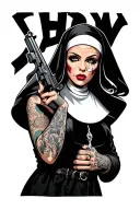 an attractive gangster evil nun with tattoos holding a gun and smoking a cigarette tattoo design idea