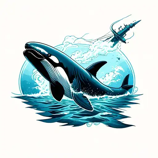  a badass angry US navy military killer whale swimming underwater eviscerating an enemy submarine tattoo design idea