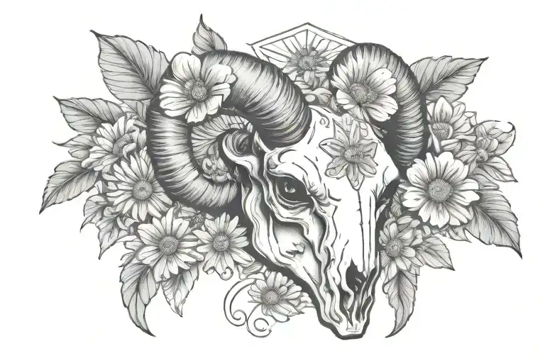 female ram skull with daisies and diamond gems tattoo design idea
