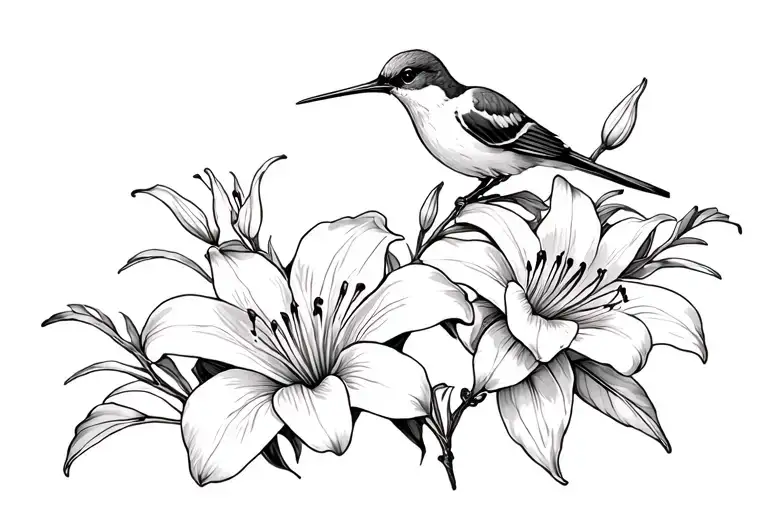 lilies, jasmine, colibri gracefully perched tattoo design idea