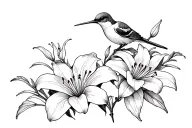 lilies, jasmine, colibri gracefully perched tattoo design idea