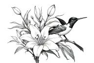 lilies, jasmine, colibri gracefully perched tattoo design idea