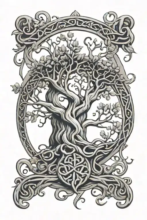 celtic tree of life knot growing on wooden shield with overgrowing tendrils boldly lined tattoo design idea
