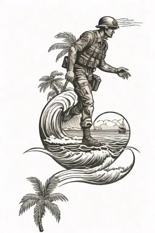 A beach scene with palm trees and waves crashing against the shore, with a subtle outline of a soldier in the background, representing the client's love for the beach and military service tattoo design idea