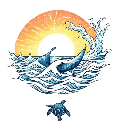 trip, ocean waves, sunset, turtle, whale  tattoo design idea