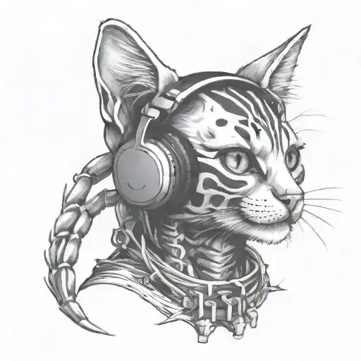 skeleton cat wearing headphones sitting tattoo design idea