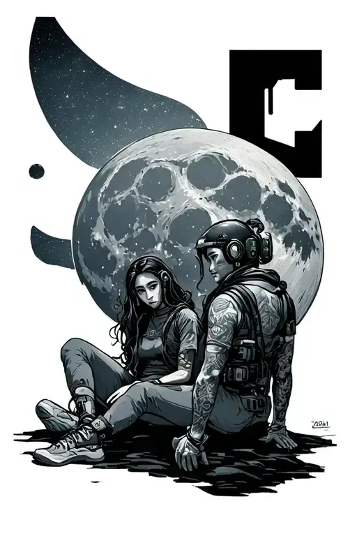 cyberpunk edgerunner david and lucy sitting in the moon with Cyberpunk edgerunner logo in the back tattoo design idea