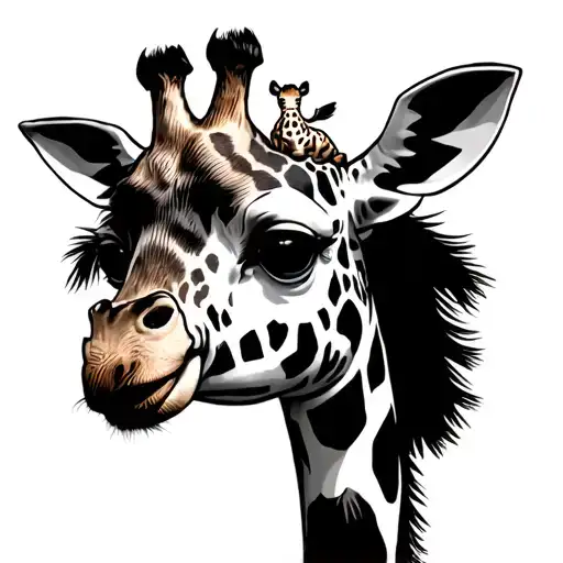 cartoon giraffe with baby giraffe sat on head tattoo design idea