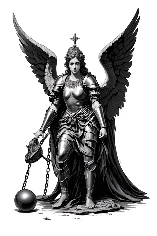 Angel in armor being pulled down by a ball and chain tattoo design idea