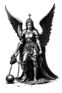 Angel in armor being pulled down by a ball and chain tattoo design idea