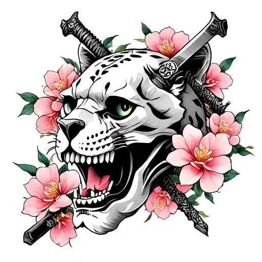 oriental panther skull with samurai sword piercing thru top of skull and cherry blossoms tattoo design idea