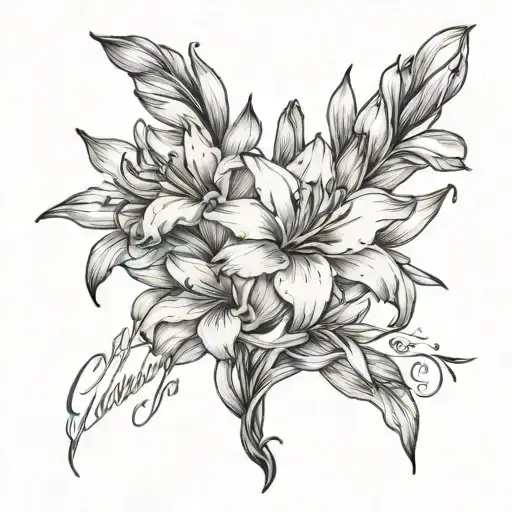gladiolus flower bouquet fine line with the words "there was happiness because of you" written in cursive tattoo design idea