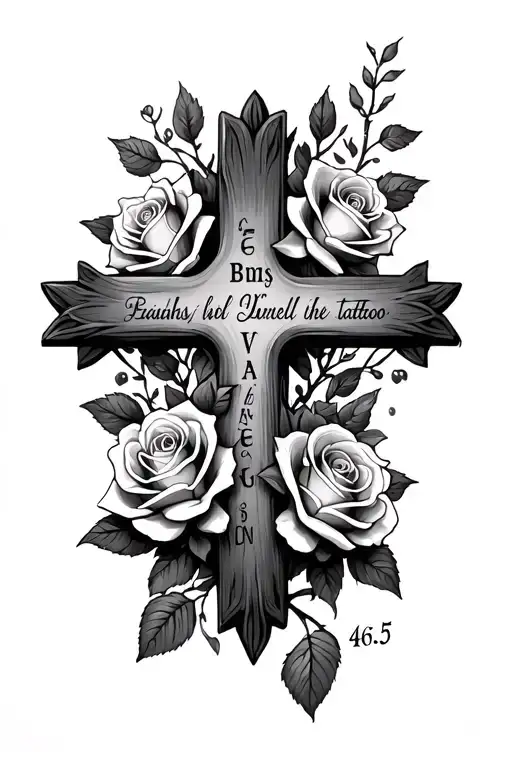 open cross with roses and bible verse psalms 46:5 tattoo design idea