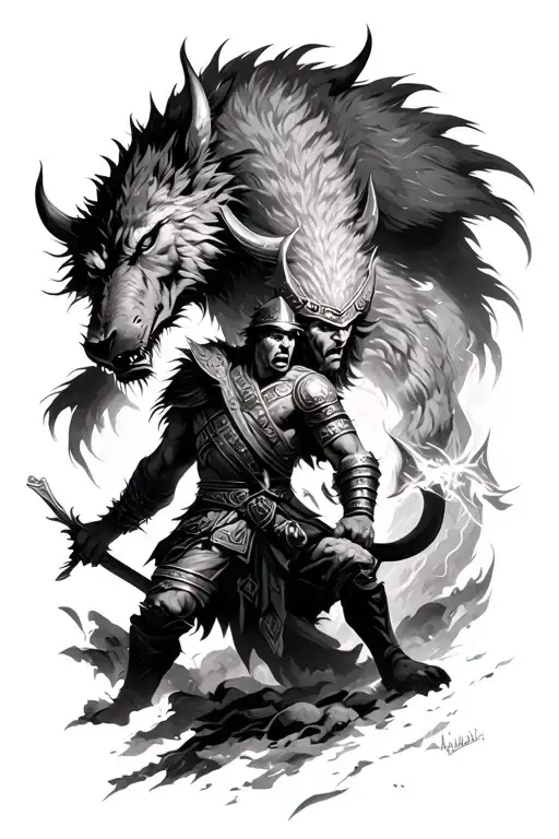 A viking warrior battling the mythical creature Fenrir in a fierce battle scene tattoo design idea