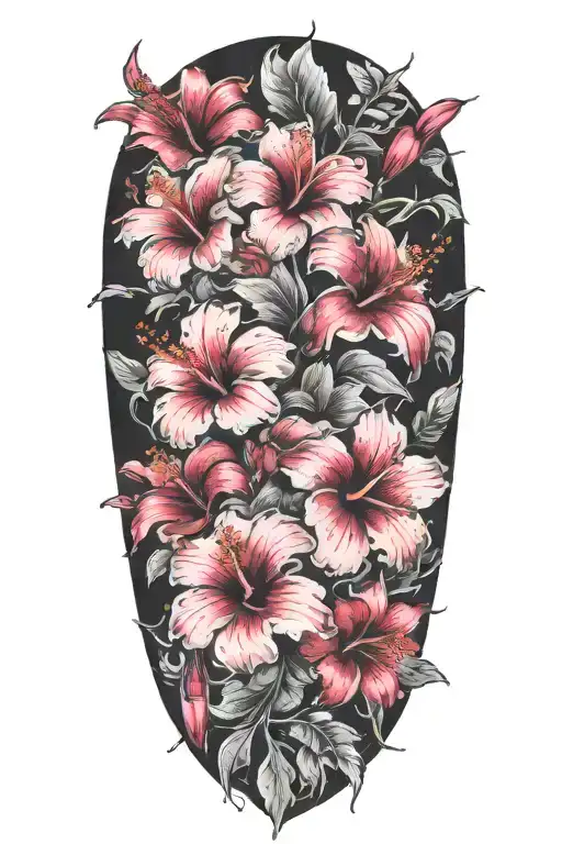 sleeve from wrist to elbow with hibiscus flowers and cherry blossom flowers with skin break blank cross tattoo design idea