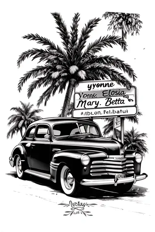 1947 Chevy Fleetline w street sign that says "yvonne, Eloisa, Mary, Bertha" also palm tree back ground on forearm  tattoo design idea