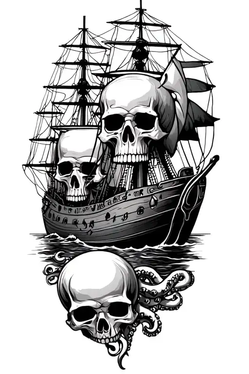 map outline with skulls and ship and kraken taking tattoo design idea