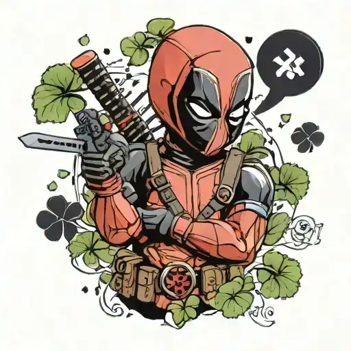 mini Deadpool holds a black four-leaf clover in his hand, and in the other the inscription "esse quam videri" tattoo design idea