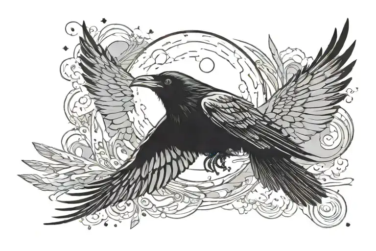 a crow flies to the right against the sky, under the wing on the right is the moon tattoo design idea